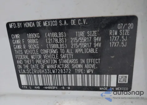 2020 Honda Hr-V Awd Lx z USA, uszkodzony, nr VIN 3CZRU6H33LM728372